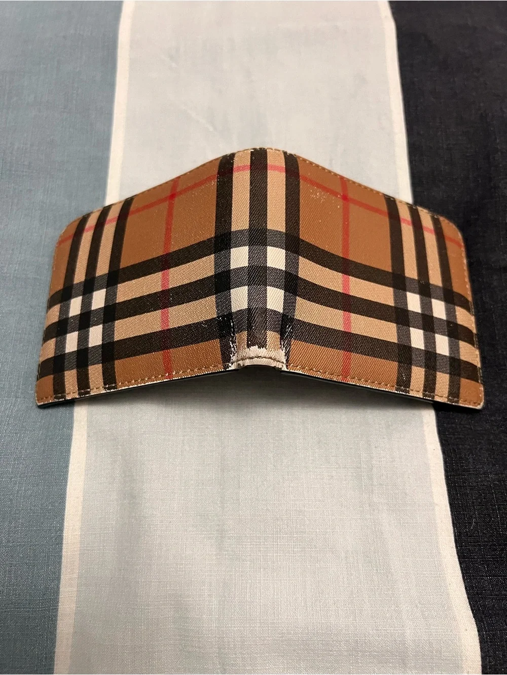 Burberry Check Compact Bi-Fold Wallet in Tan, Black and Red